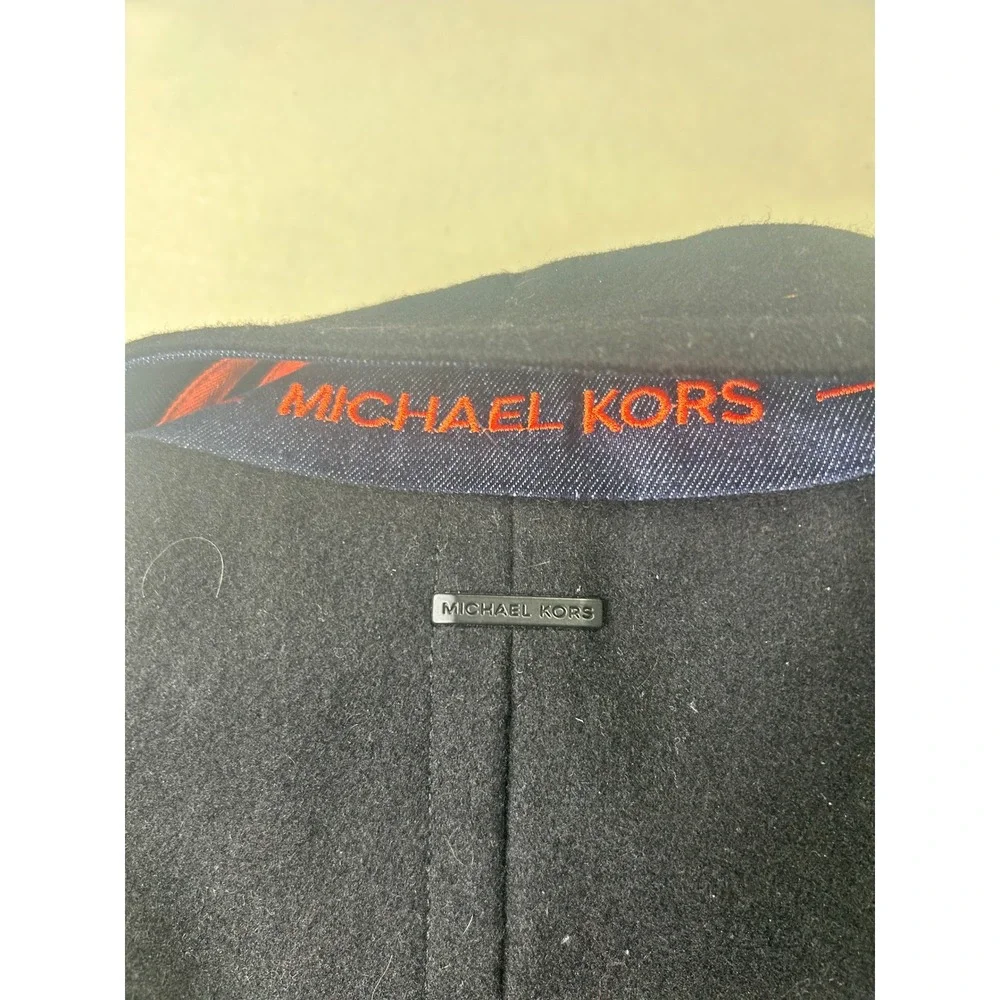Michael Kors Mens Black Wool Blend Pea Coat Orange Lining Large Anchor Buttons